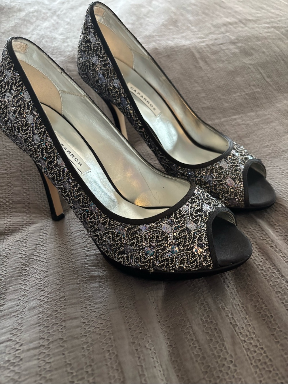Caparros Black and Silver Beaded Peep-Toe Heels